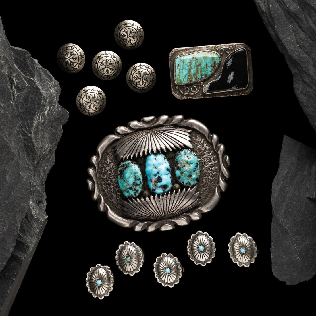 Navajo and Southwestern-style Silver Western Ware Jewelry: Navajo and Southwestern-style Silver Western Ware Jewelry second half 20th century lot of 12, includes: five button covers, each set with a single turquoise stone; not marked height 5/8 inch x width 3