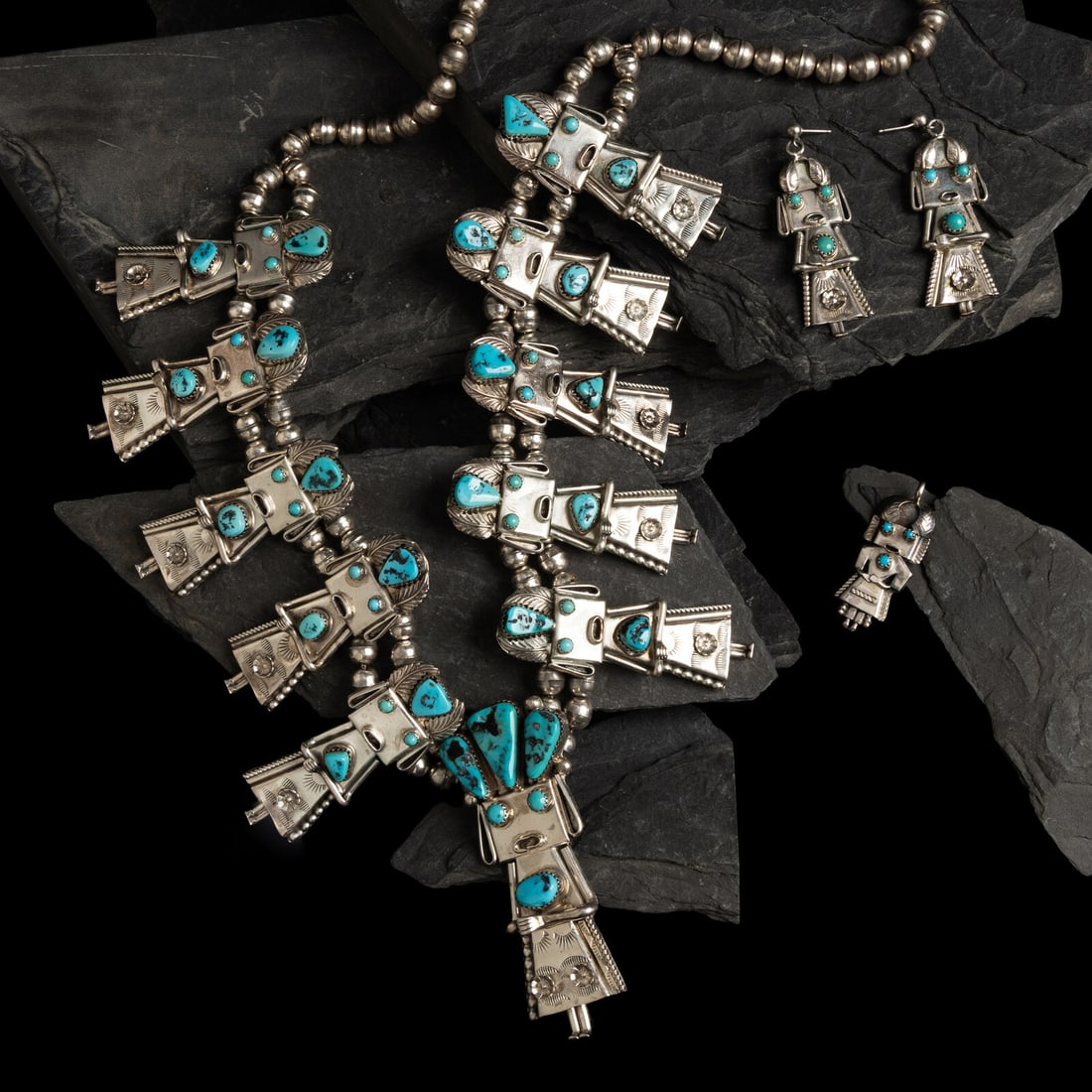 Navajo Turquoise Sterling Silver Kachina Necklace, Earrings, and Pendant Set: Navajo Turquoise Sterling Silver Kachina Necklace, Earrings, and Pendant Set third quarter 20th century lot of 3, all marked FY Sterling, includes: a necklace length 27-1/4 inches weight 119.8 dwt a p