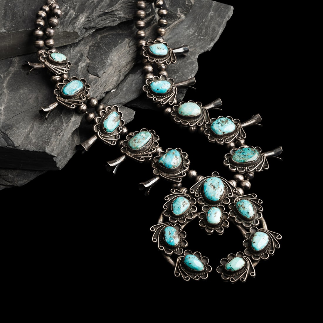 Navajo Silver and Turquoise Squash Blossom Necklace (1 of 2)