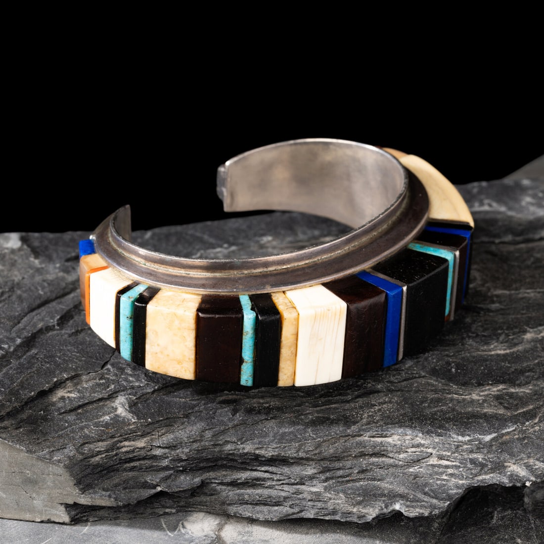 Charles Loloma (Hopi, 1921-1991) Silver and Cobblestone Inlay Cuff Bracelet (1 of 4)