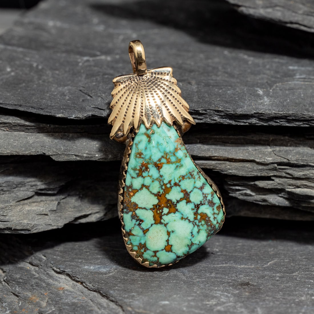 Robert and Bernice Leekya (Zuni, b. 1934 / 1930s) 14K Gold and Kingman Turquoise Pendant (1 of 2)