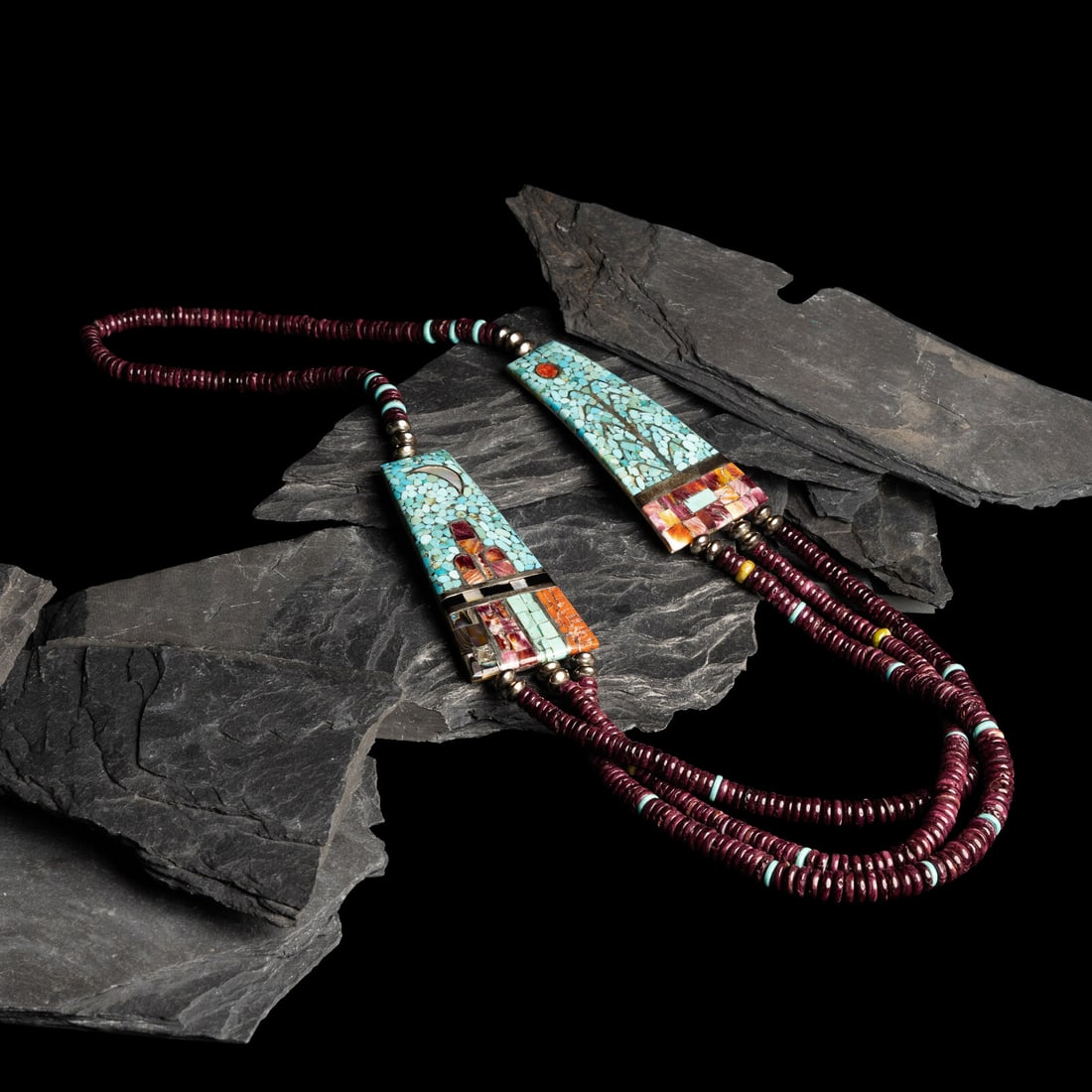 Mary Coriz Lovato (Kewa, 1936-2024) Multi-strand Spiny Oyster Necklace, with Mosaic Inlay Accents,: Mary Coriz Lovato (Kewa, 1936-2024) Multi-strand Spiny Oyster Necklace, with Mosaic Inlay Accents, 2013 with mosaic inlay shell accents, featuring a day and nighttime scene, set with turquoise and spi