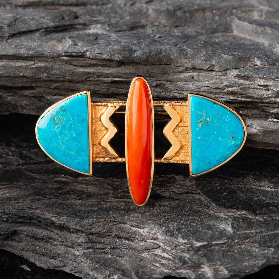 Harvey Austin Begay (DinÈ, 1938-2009) 14K Gold, Turquoise, and Coral Pin / Brooch (1 of 2)