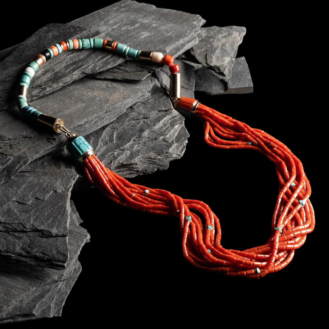 Victor Beck, Attributed (DinÈ, 1941-2022) Multi-Strand Coral and Turquoise Necklace, with: Victor Beck, Attributed (DinÈ, 1941-2022) Multi-Strand Coral and Turquoise Necklace, with Yellow Gold Accents not signed length 32 inches drop length 15 inches weight 143.0 dwt. Property from the