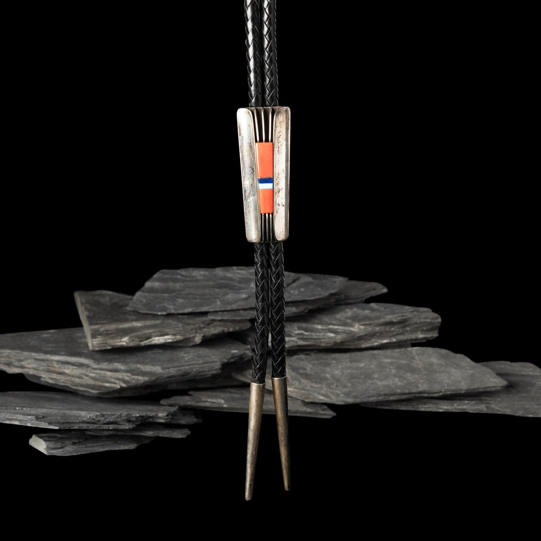 Victor Beck (DinÈ, 1941-2022) Fluted Silver Bolo Tie with Inlay (1 of 2)