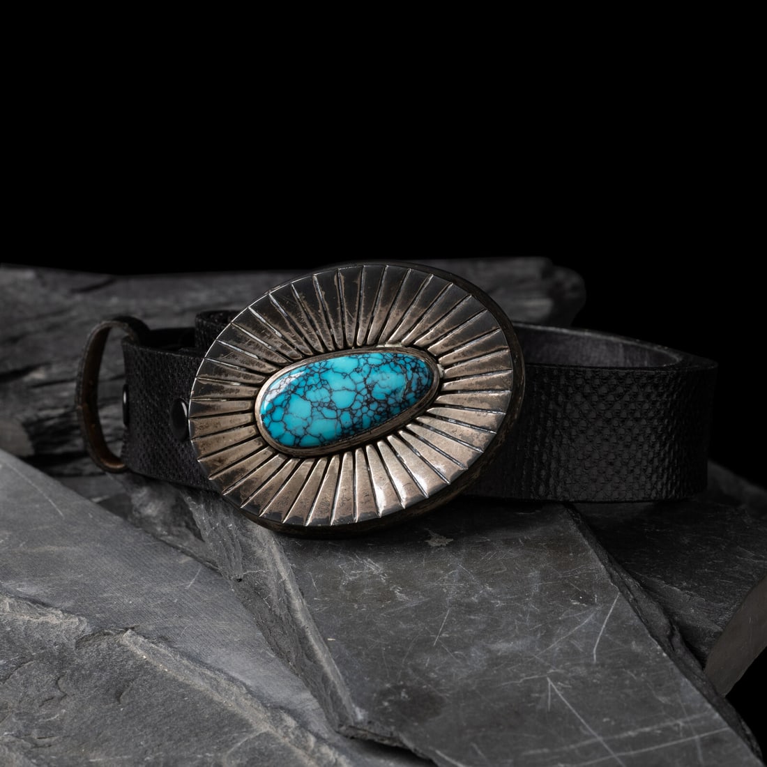 Victor Beck (DinÈ, 1941-2022) Silver and Turquoise Belt Buckle (1 of 2)