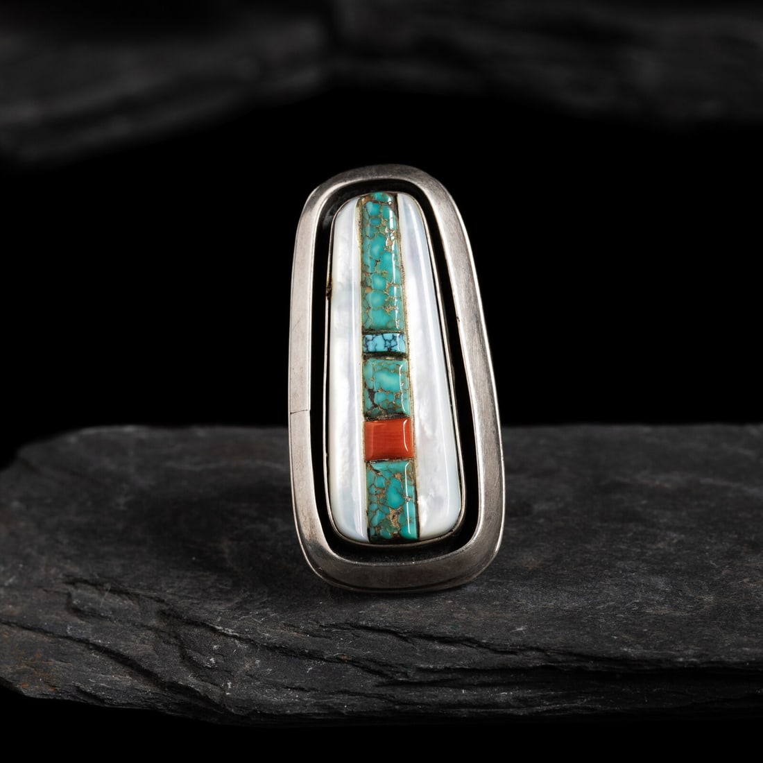 Victor Beck (DinÈ, 1941-2022) Silver, Turquoise, and Mother-of-Pearl Ring (1 of 3)