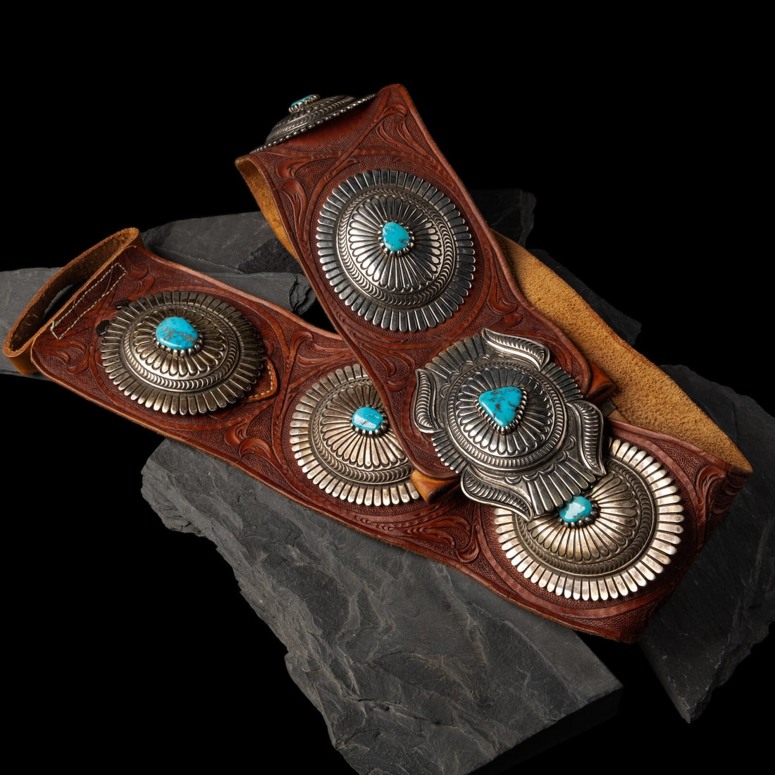 Thomas Curtis (DinÈ, 1942-2013 Large Sterling Silver and Turquoise Concha Belt, with Tooled (1 of 4)