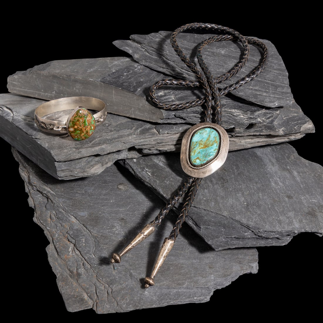 Harvey Chavarria (Santa Clara, 1943-1991) Silver and Turquoise Bracelet and Bolo Tie (1 of 2)
