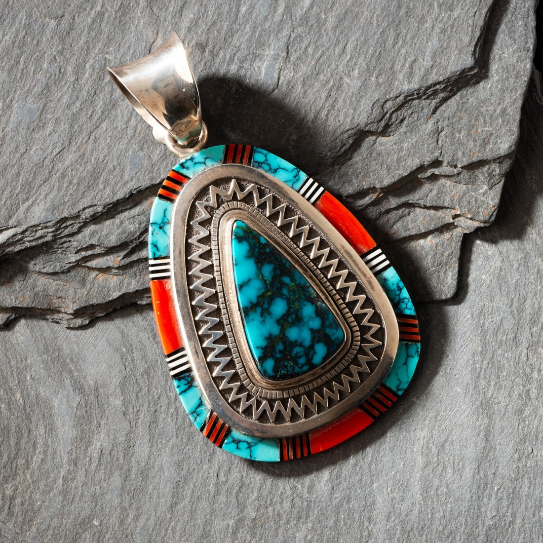 Richard S. Begay (DinÈ, b. 1943) Sterling Silver, Coral, and Turquoise Pendant (1 of 2)