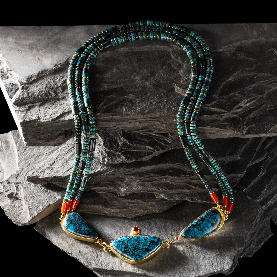 Larry Vasquez (Aztec-Mayan-Mescalero Apache, b. 1947) 18K and 22K Gold and Gem Grade Turquoise: Larry Vasquez (Aztec-Mayan-Mescalero Apache, b. 1947) 18K and 22K Gold and Gem Grade Turquoise Three-strand Necklace three-strand necklace elegantly strong with round and oblong turquoise beads and go