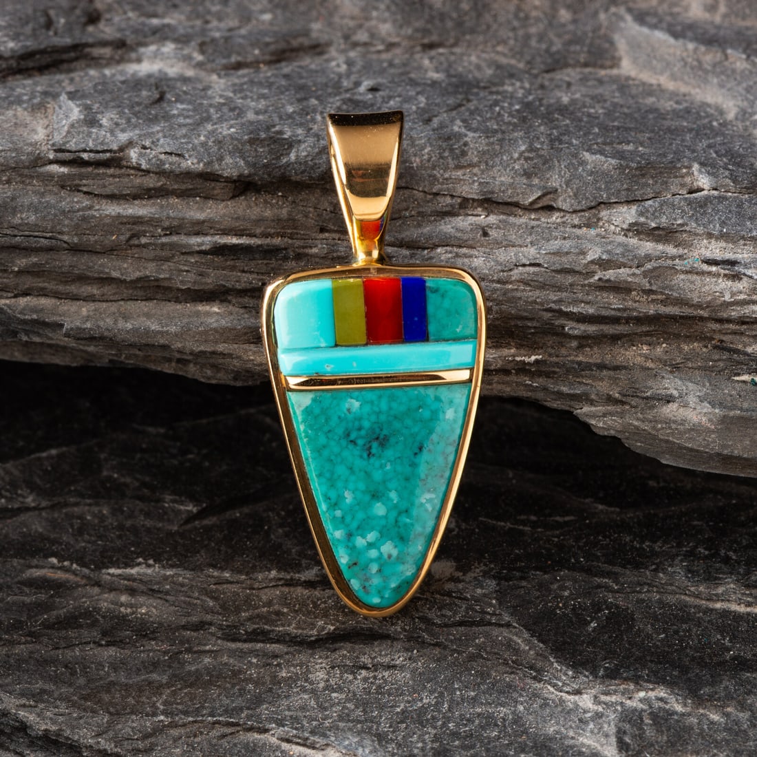 Verma Nequatewa, Sonwai (Hopi, b. 1946) 18k Gold and Mosaic Inlay Pendant (1 of 2)