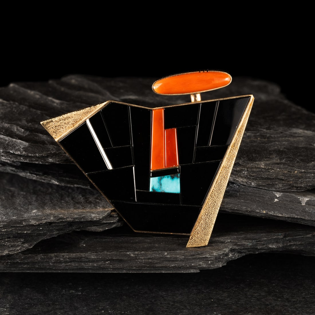 Richard Chavez (San Felipe, b. 1949) Yellow Gold, Coral, Turquoise, and Black Jade Abstract Figural (1 of 2)