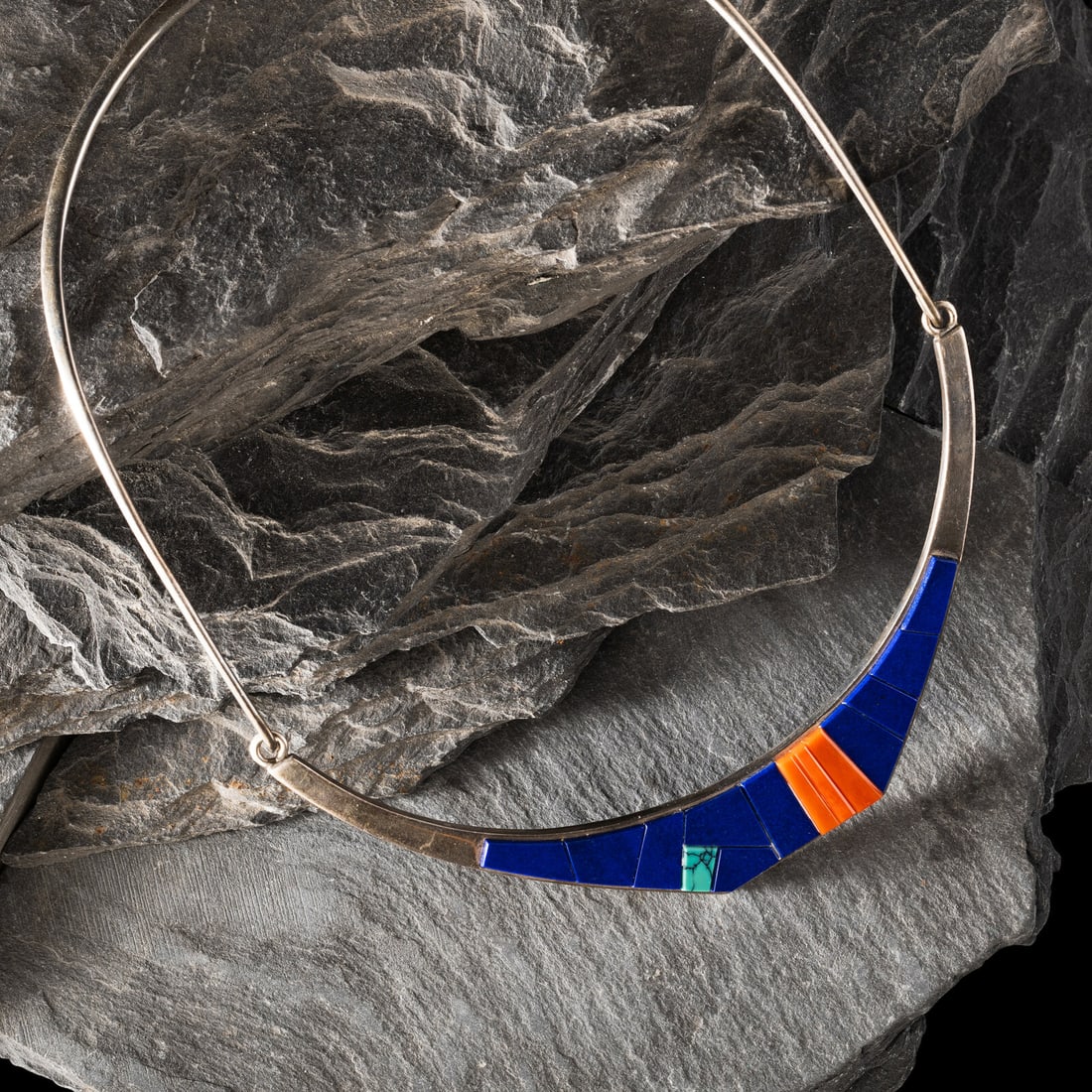 Richard Chavez (San Felipe, b. 1949) Silver and Multi-stone Inlay Collar Necklace: Richard Chavez (San Felipe, b. 1949) Silver and Multi-stone Inlay Collar Necklace set with lapis, coral, and turquoise; marked with artist's conjoined RC hallmark length 11-1/4 inches x width 4-1/2 in