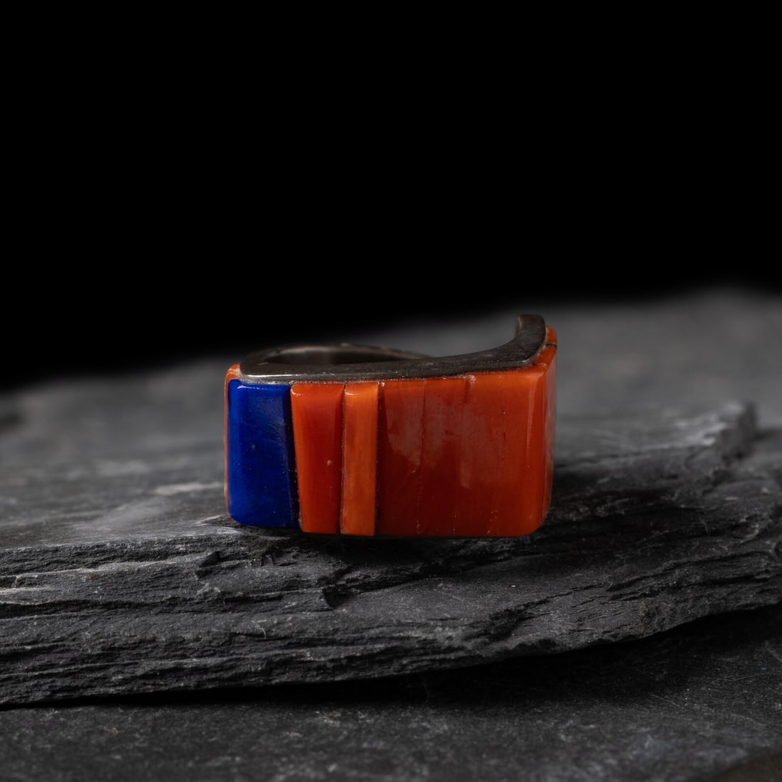 Richard Chavez (San Felipe, b. 1949) Silver, Coral, and Lapis Ring: Richard Chavez (San Felipe, b. 1949) Silver, Coral, and Lapis Ring marked with artist's hallmark size 6 weight 6 dwt. This lot is located in Chicago.