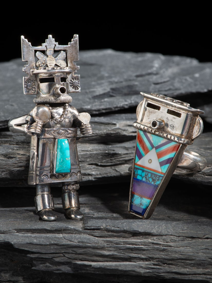Michael Horse (Zuni-Apache-Yaqui, b. 1949) Pair of Silver Katsina Rings: Michael Horse (Zuni-Apache-Yaqui, b. 1949) Pair of Silver Katsina Rings lot of 2, both signed by artist, includes: a three-dimensional katsina, set with a single turquoise stone size 8 weight 16.38 dw