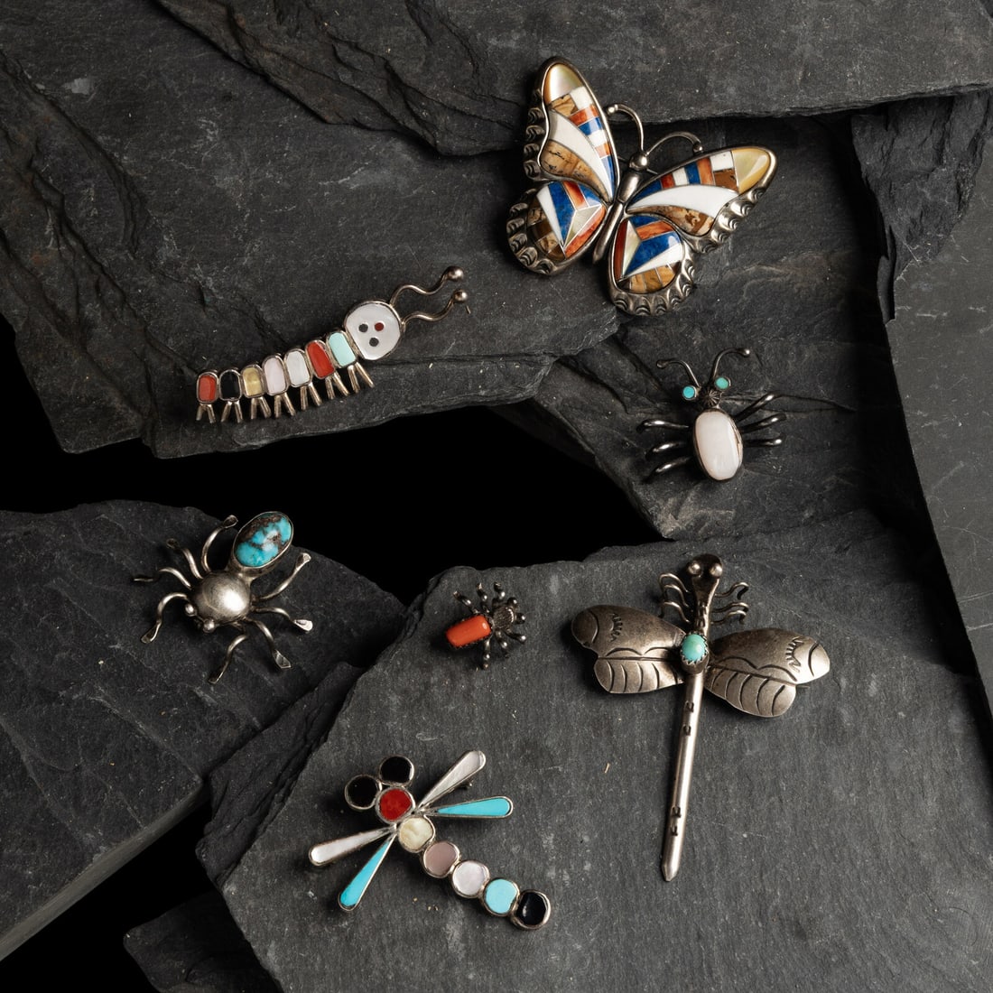 Navajo, Zuni, and Southwestern-style Insect Pins / Pendants: Navajo, Zuni, and Southwestern-style Insect Pins / Pendants 20th century lot of 7, includes: a stamped silver dragonfly pin set with a turquoise cabochon; not marked length 2-3/8 inches x width 1-7/8 
