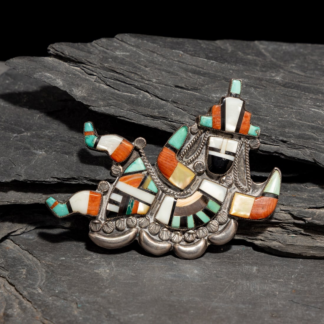 Neva Gilicion and Juanita Lamy (Zuni, 20th century) Mosaic Inlay Rainbow Man Brooch, 1981 (1 of 2)