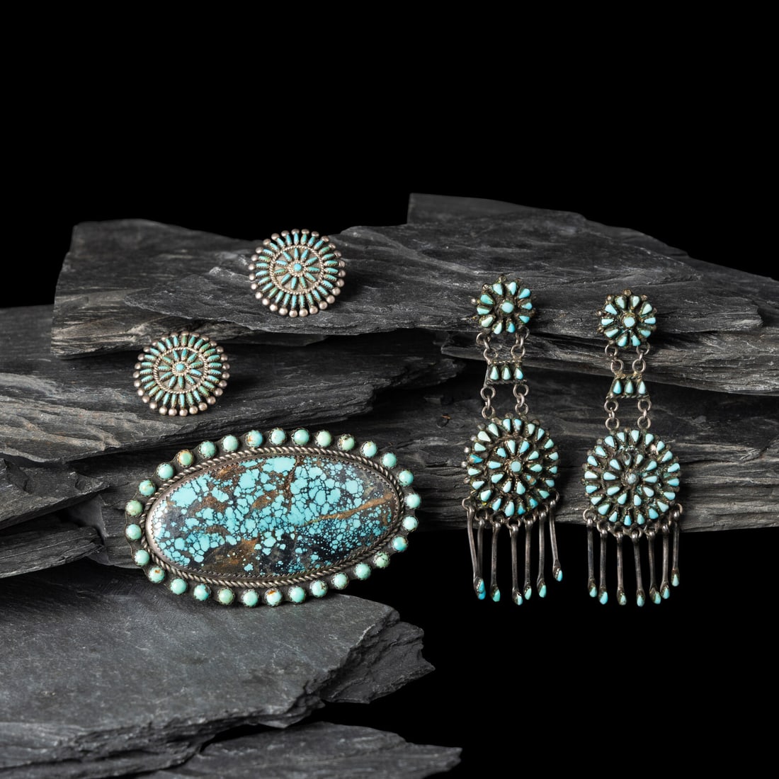 Zuni and Taos Silver and Turquoise Cluster Jewelry: Zuni and Taos Silver and Turquoise Cluster Jewelry fourth quarter 20th - 21st century lot of 3, includes: a pair of round clip earrings with petit point starburst pattern; signed V S JOHNSON diameter 