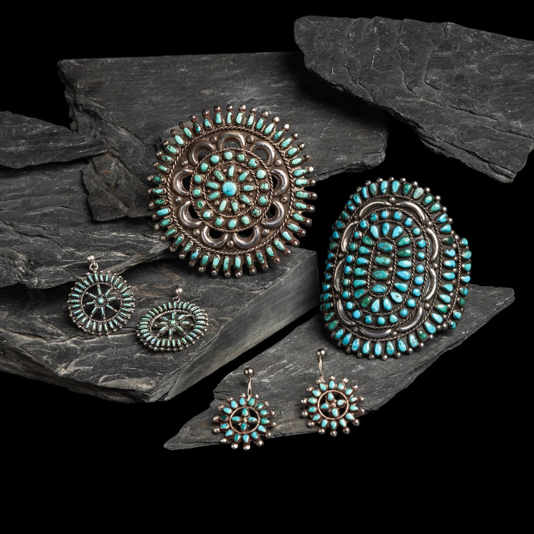 Zuni Silver and Petit Point Turquoise Cuff Bracelet, Pin/Brooch, and Earrings, PLUS (1 of 2)