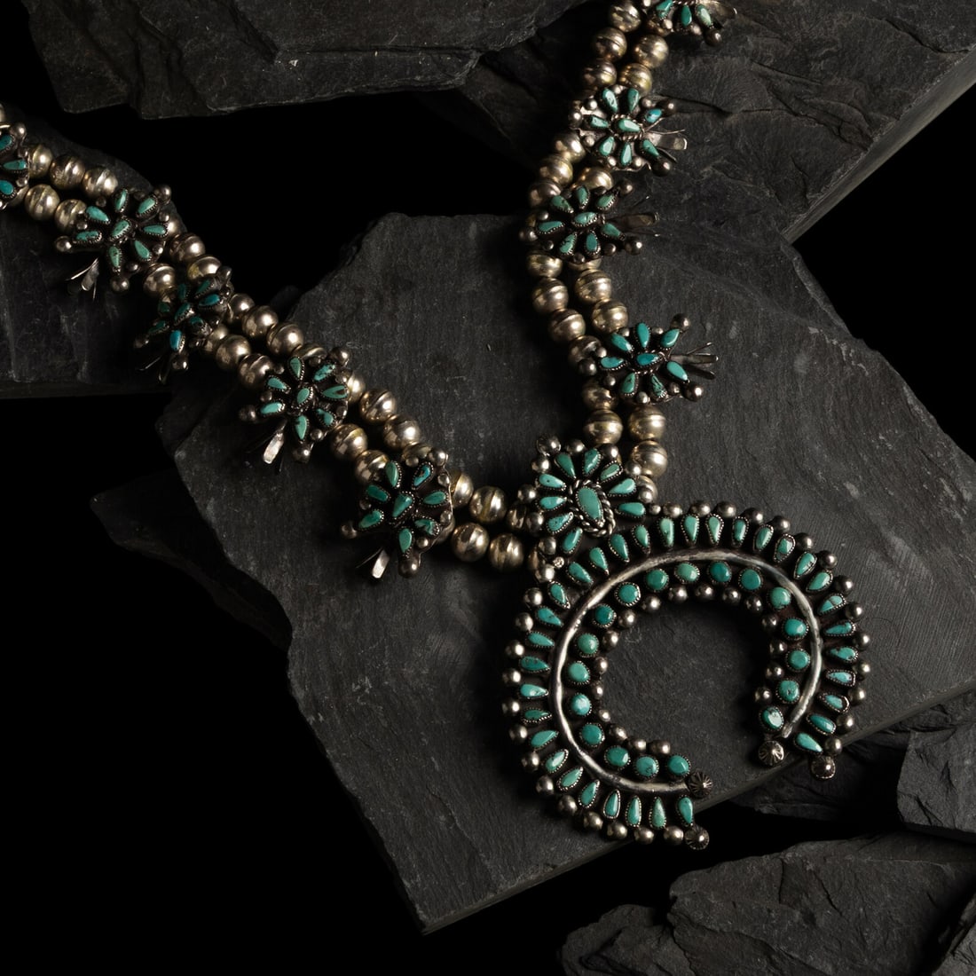 Zuni Silver and Petit Point Turquoise Squash Blossom Necklace and Earrings (1 of 3)