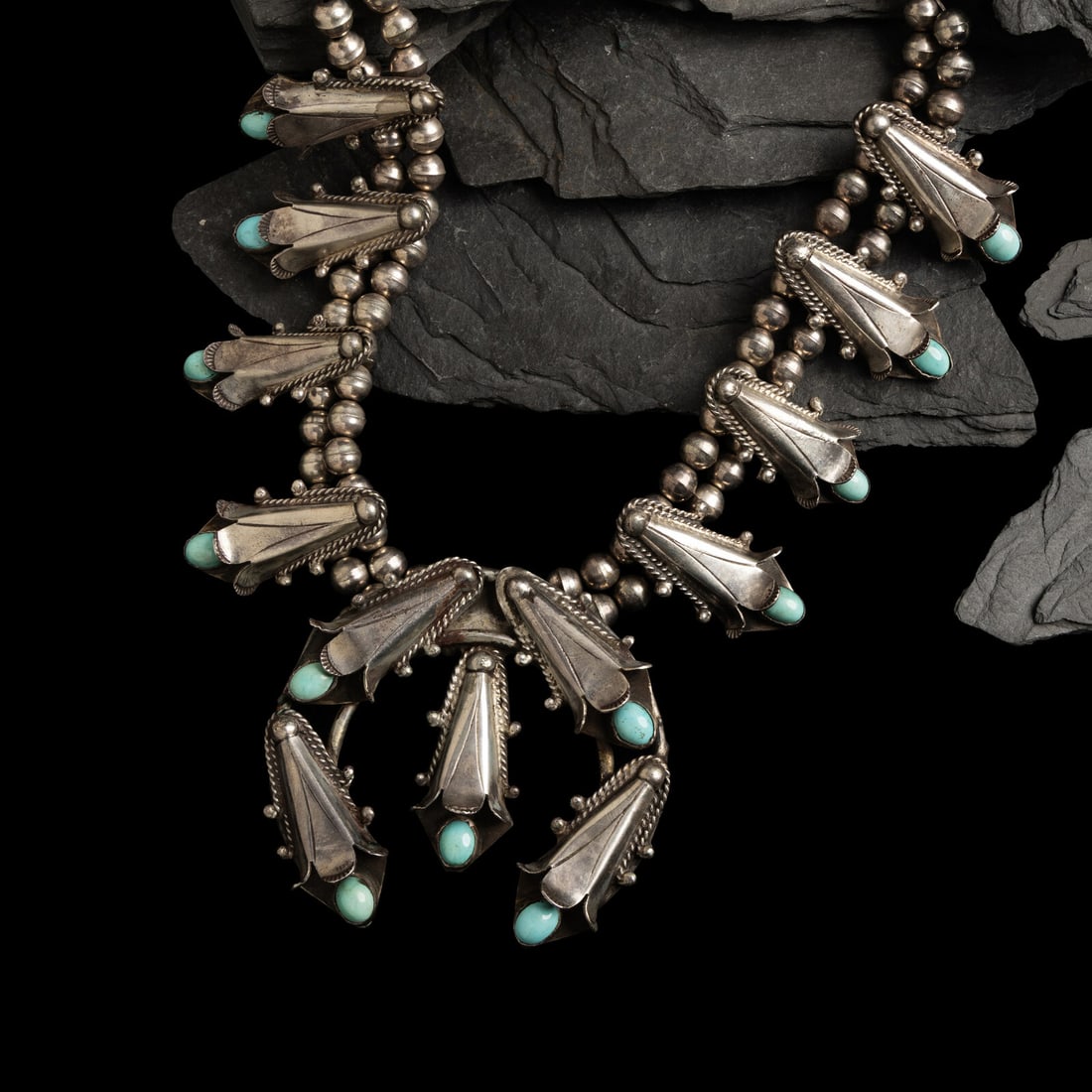 Navajo Silver and Turquoise Squash Blossom Necklace (1 of 2)