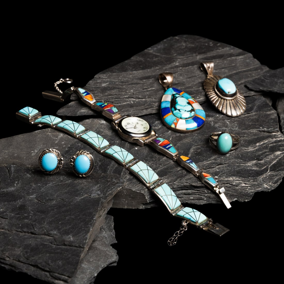 Navajo and Southwestern-style Jewelry: Navajo and Southwestern-style Jewelry late 20th century lot of 6, includes: a silver link bracelet with channel inlay turquoise; marked STERLING TÈmÈ length 6-1/2 inches x width 1/2 inch wei