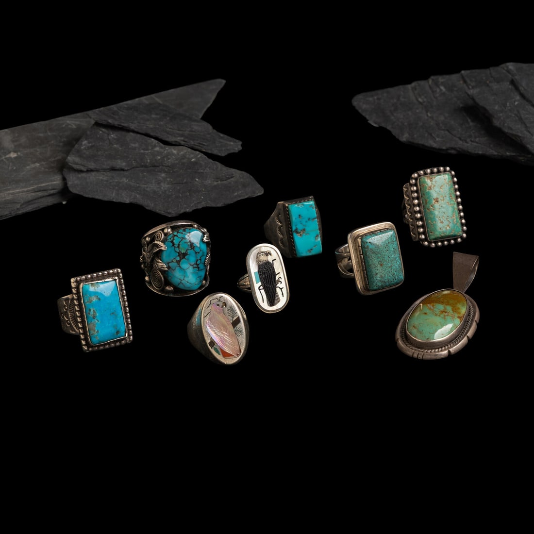 Navajo and Zuni Rings and Pendant: Navajo and Zuni Rings and Pendant second half 20th century lot of 8, includes: a ring set with a single stone, marked C AGUH size size 14.5 weight 12.6 dwt. another marked STERLING 925 size 12.25 weig