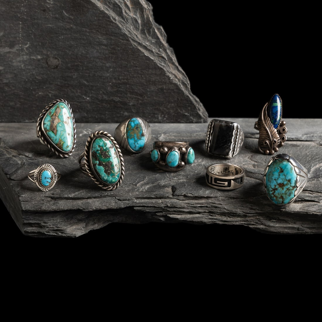 Assortment of Navajo and Hopi Rings: Assortment of Navajo and Hopi Rings second half 20th century lot of 9, includes: five unmarked silver and turquoise rings sizes 8, 6.25, 9.25, 10.5, and 11.5 total combined weight 66.1 dwt. one set