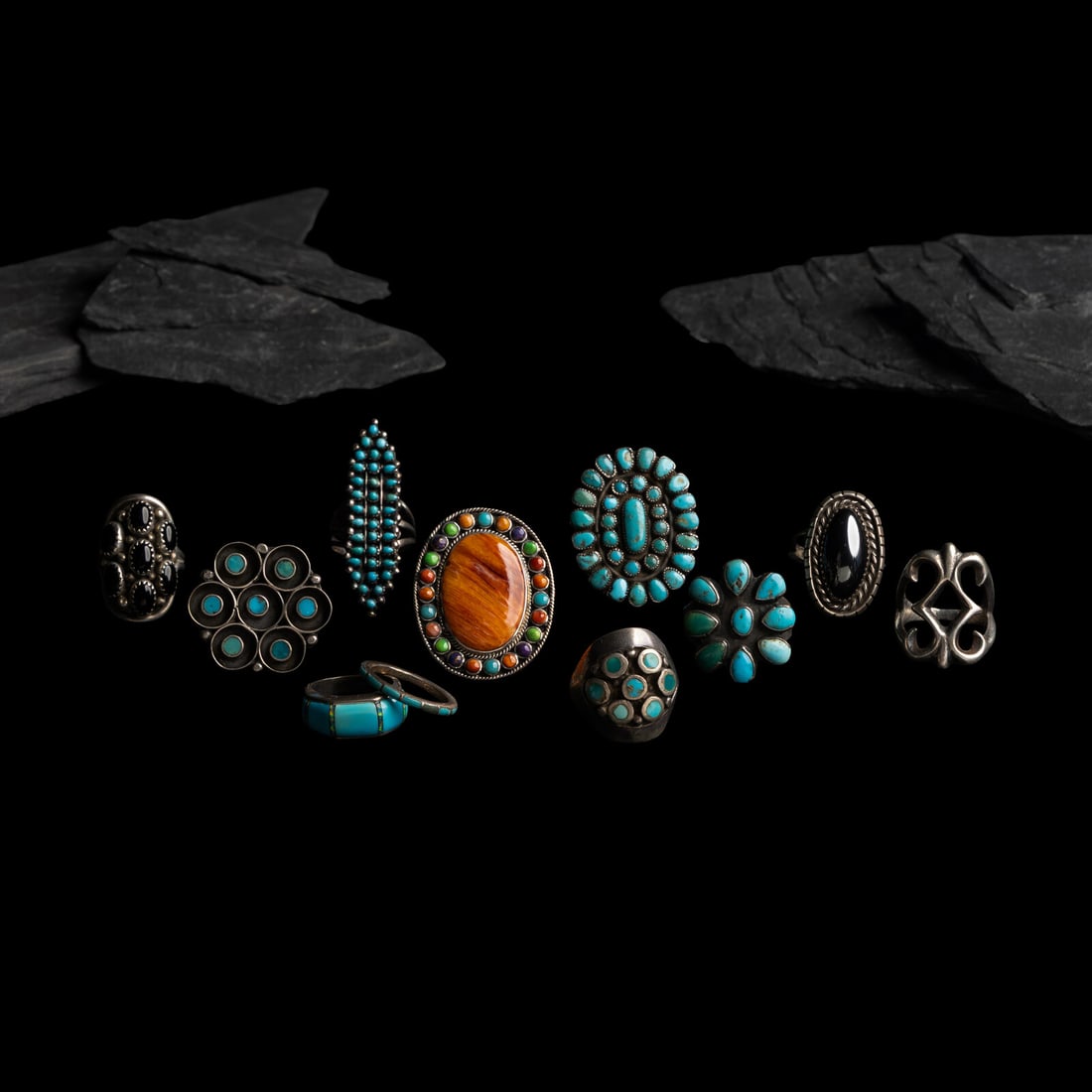 Navajo and Zuni Rings: Navajo and Zuni Rings second half 20th century lot of 11, includes: 6 unmarked rings sizes 7.75, 8, 6.25, 6.5, 8.5, and 6.5 total combined weight 30.9 dwt. two marked STERLING sizes 7.5 and 6 total