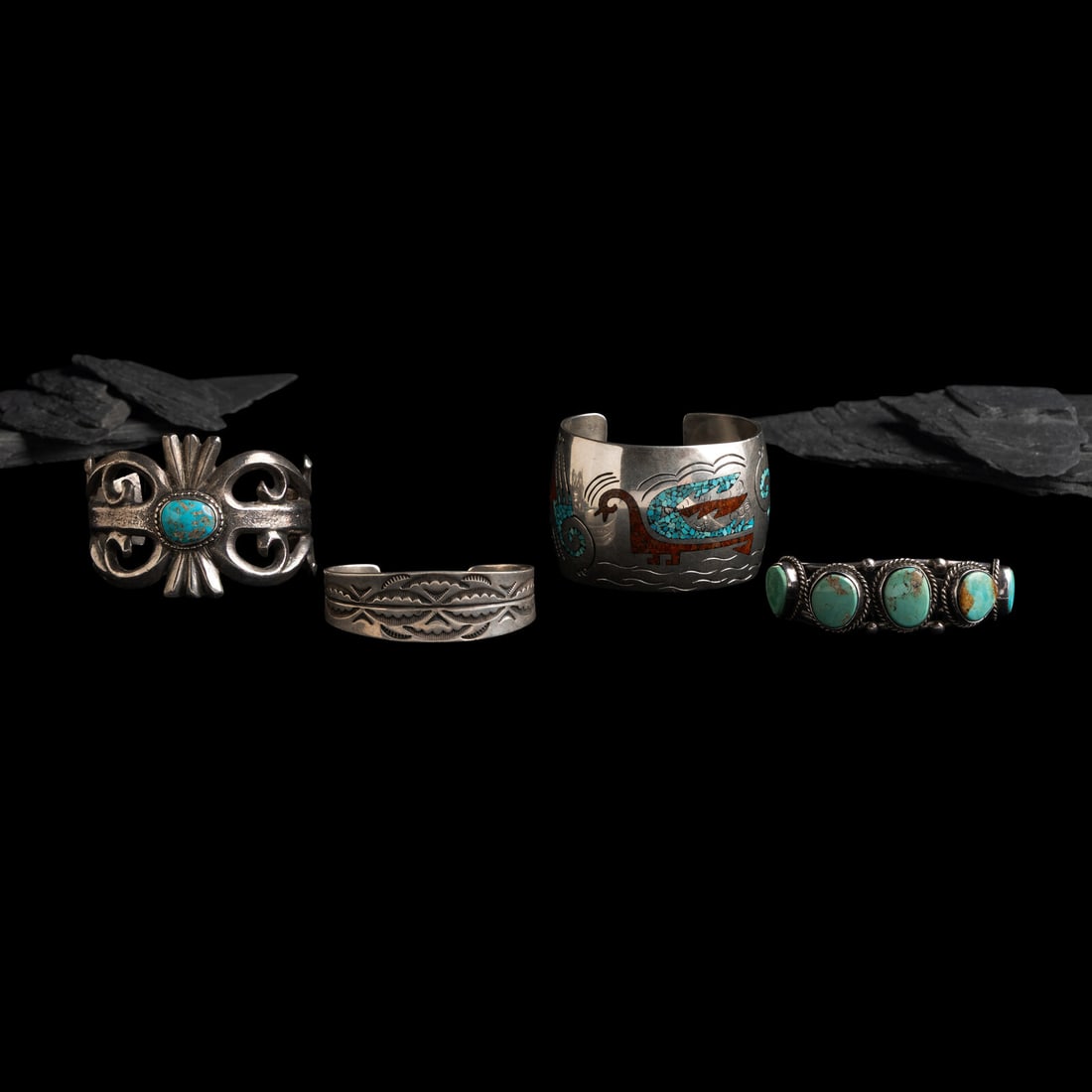 Navajo Cuff Bracelets: Navajo Cuff Bracelets second half 20th century lot of 4, includes: one example with chip inlay, marked CC width 1-3/4 inches interior circumference 6-1/8 inches + gap length 7/8 inch weight 59.6 dwt. 
