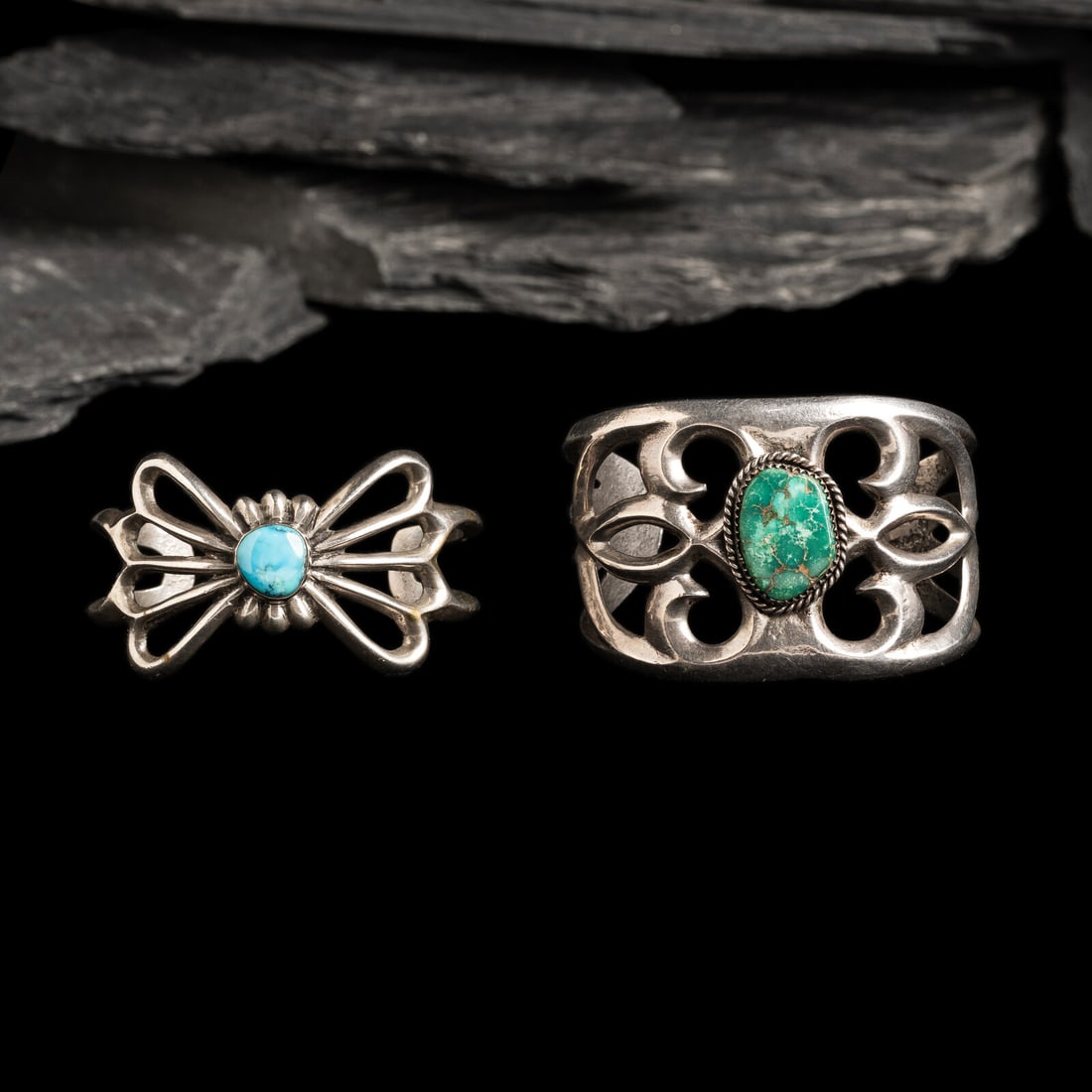 Navajo Sandcast Silver and Turquoise Cuff Bracelets: Navajo Sandcast Silver and Turquoise Cuff Bracelets third quarter 20th century lot of 2, both unmarked, sizes includes: width 1-3/4 inches interior circumference 5-1/4 inches + gap length 1-3/8