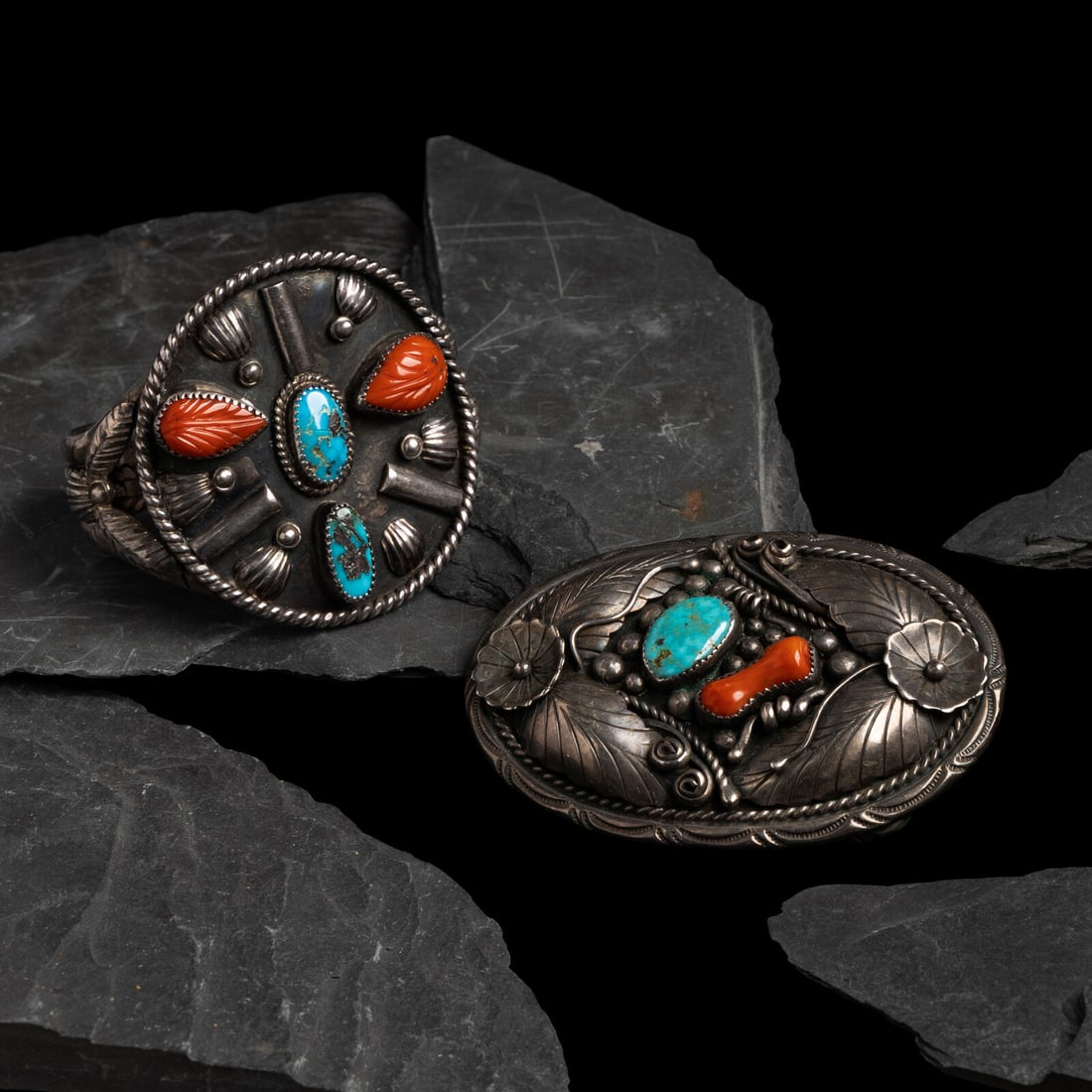 Navajo Silver, Turquoise, and Coral Belt Buckle and Cuff Bracelet: Navajo Silver, Turquoise, and Coral Belt Buckle and Cuff Bracelet third quarter 20th century lot of 2, both unmarked, sizes include: cuff bracelet width 2-3/8 inches interior circumference 5-1/2