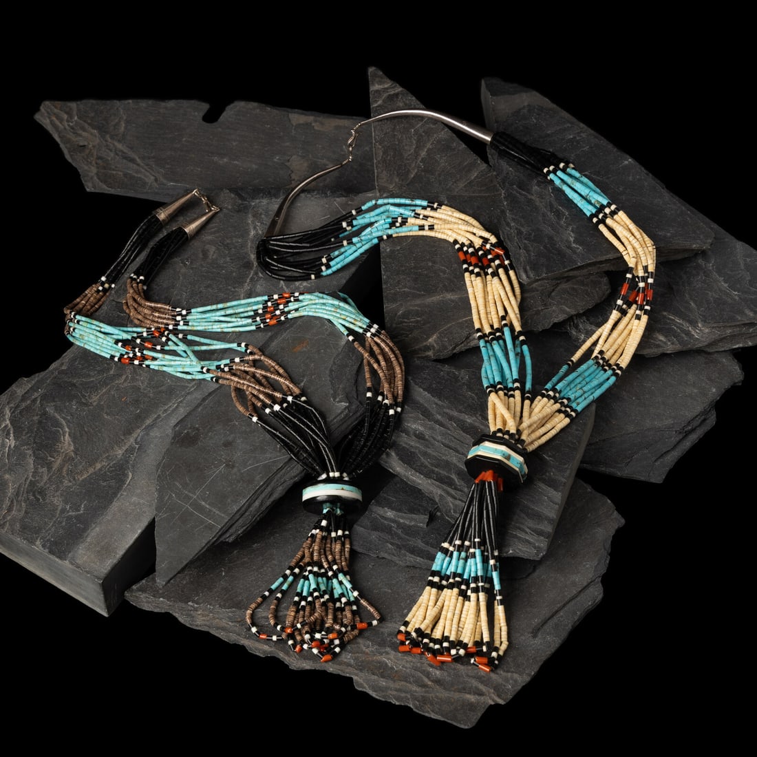 Pair of Kewa Multi-Strand Necklaces: Pair of Kewa Multi-Strand Necklaces second half 20th century lot of 2, both unmarked, sizes includes: length 25-1/2 inches drop length 15-1/2 inches weight 36.4 dwt. length 26-1/2 inches drop length