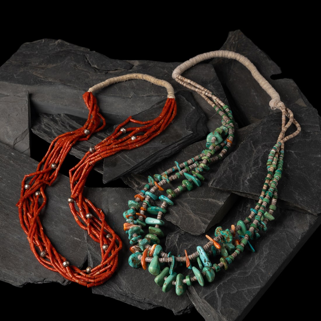 Pueblo Multi-strand Necklaces: Pueblo Multi-strand Necklaces third quarter 20th century lot of 2, neither are marked, includes: a three-strand necklace strung with graduated turquoise tabs, spiny oyster, and heishi length 30 inches