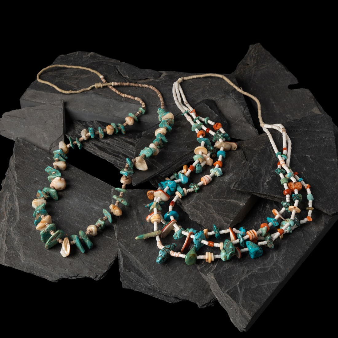 Pair of Kewa Tab Necklace: Pair of Kewa Tab Necklace third quarter 20th century lot of 2, neither are marked, includes: a three-strand necklace strung with turquoise and spiny oyster length 26 inches drop length 15 inches weigh