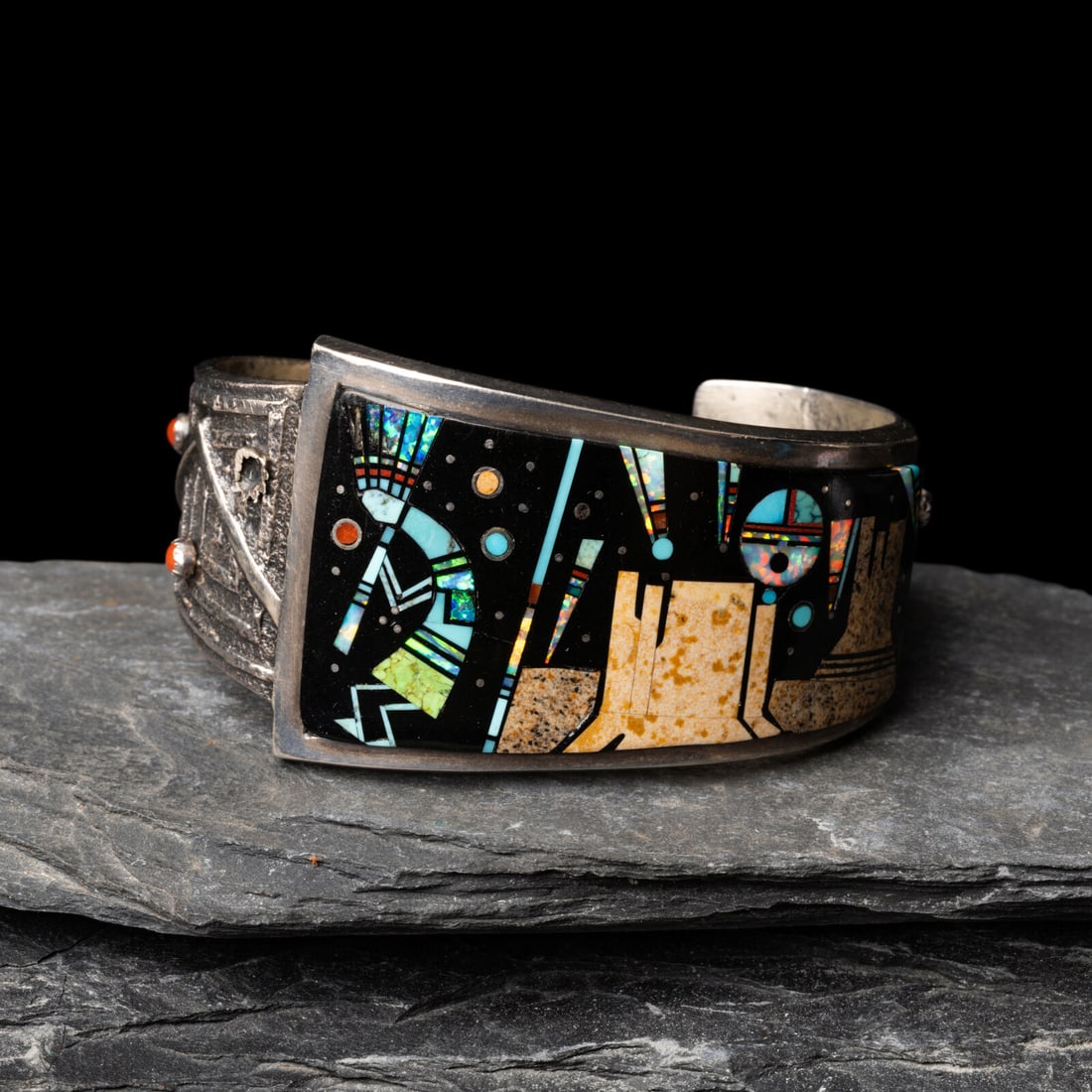 Aaron Anderson (DinÈ, b. 1970) Silver Tufa Cast and Mosaic Inlay Cuff Bracelet (1 of 4)