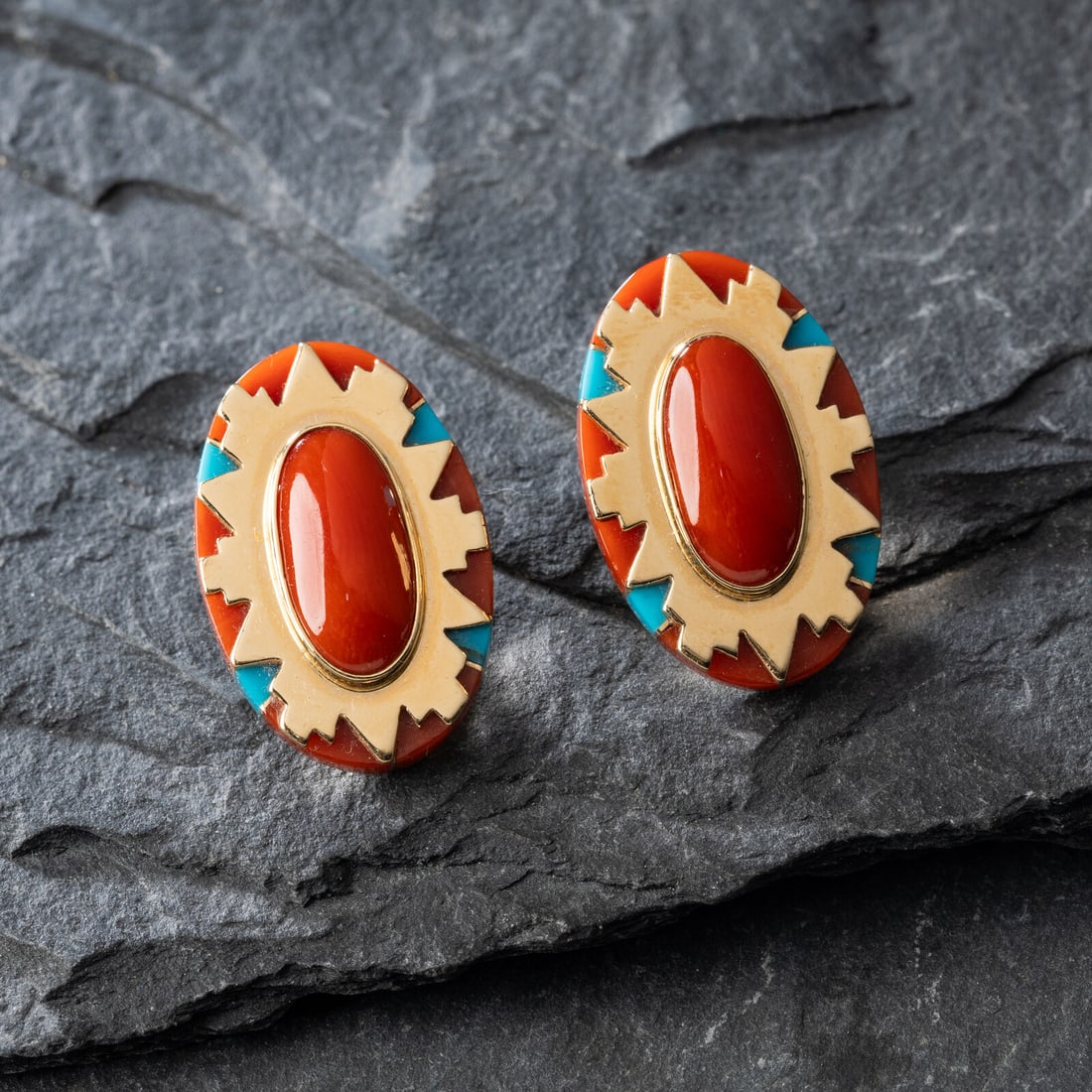 Leo Lando Yazzie (DinÈ, act. since 1970s) 14k Gold, Turquoise, and Coral Clip Earrings: Leo Lando Yazzie (DinÈ, act. since 1970s) 14k Gold, Turquoise, and Coral Clip Earrings marked LY 14K length 1 inch x width 5/8 inch (each) combined weight 7.5 dwt. Property from the Collection of