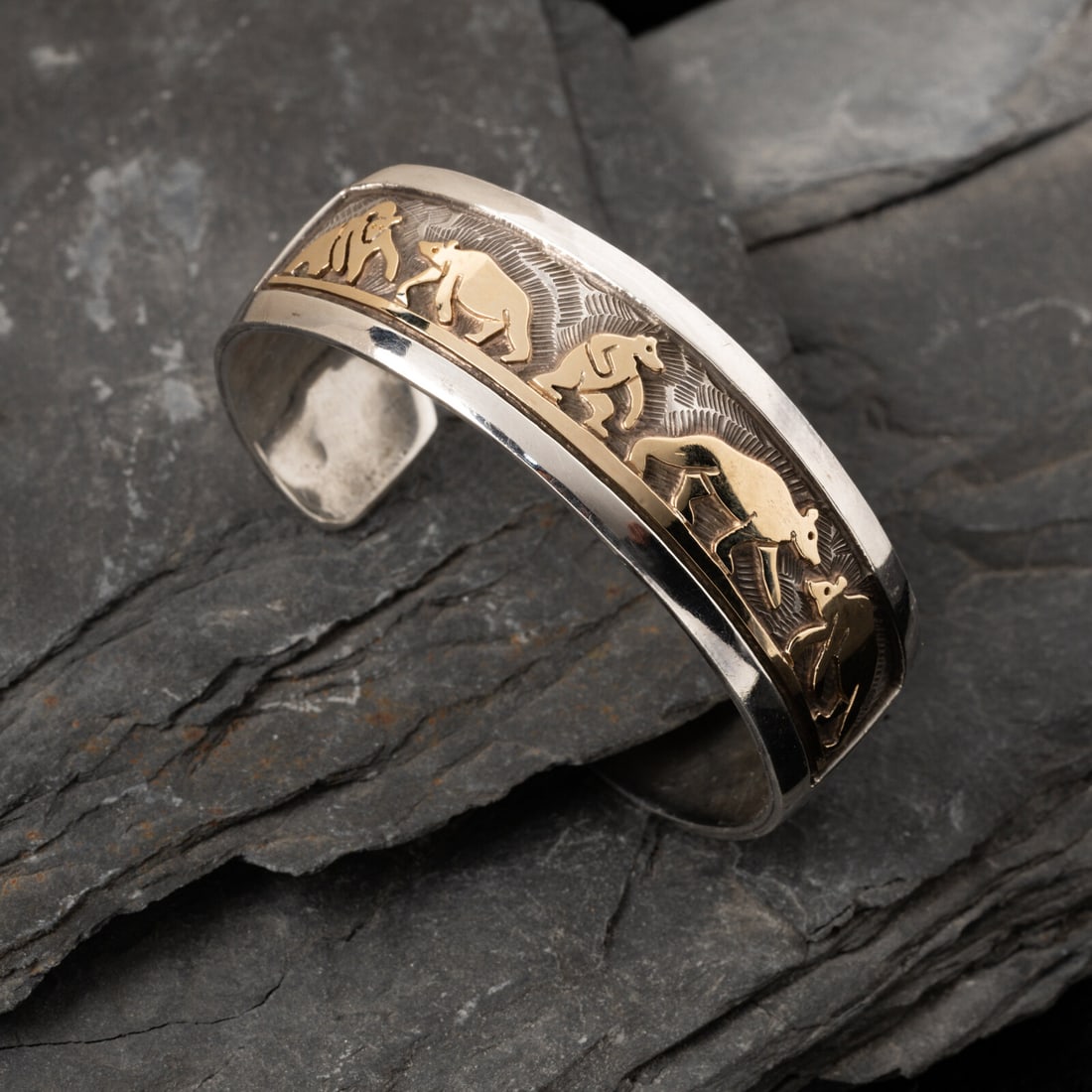 Watson Honanie (Hopi, 1953-2023) Sterling Silver with 14K Gold Overlay Cuff Bracelet, with Bear (1 of 4)
