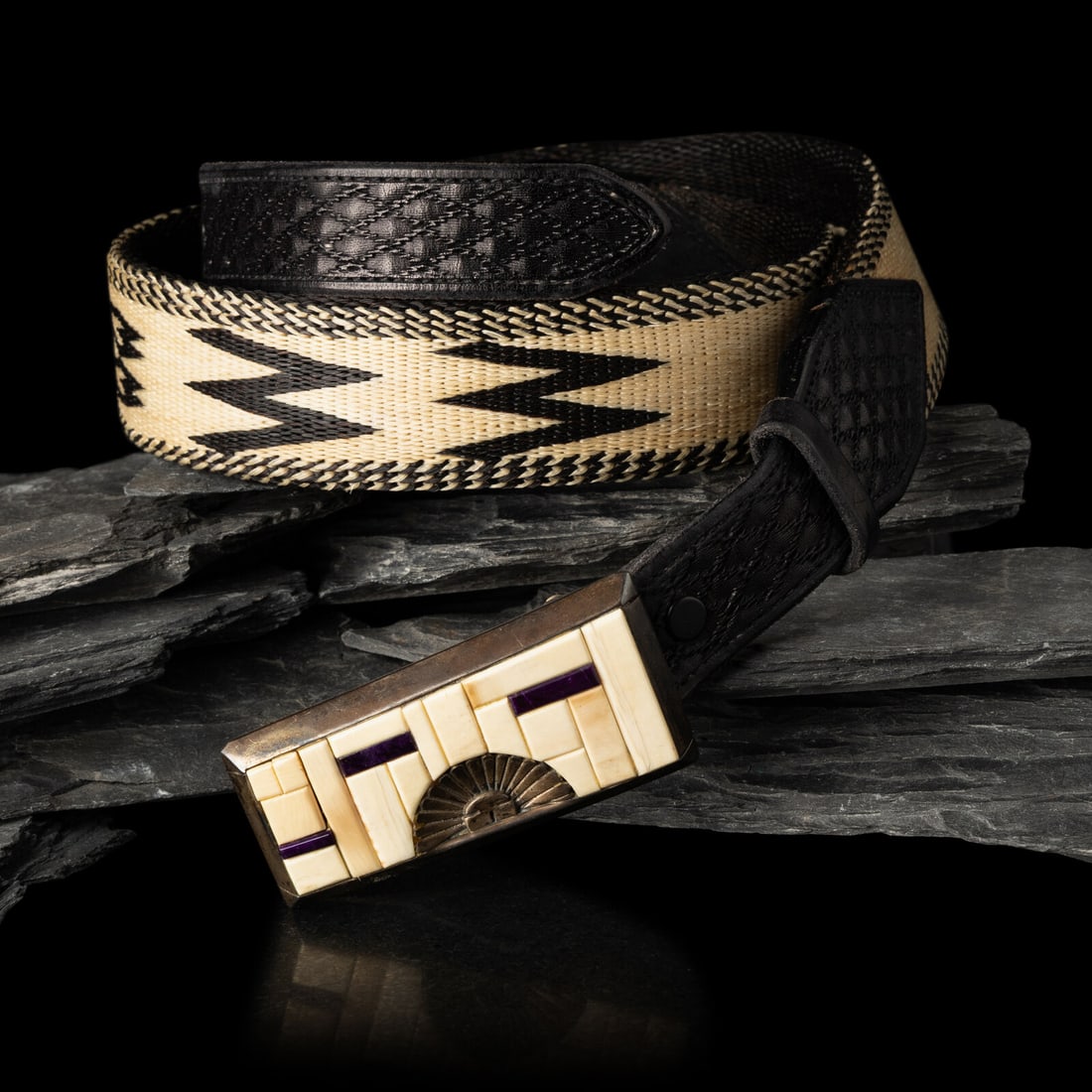 Michael Garcia, Na Na Ping (Pascua Yaqui, b. 1953) Sterling Silver and Mosaic Inlay Katsina Belt: Michael Garcia, Na Na Ping (Pascua Yaqui, b. 1953) Sterling Silver and Mosaic Inlay Katsina Belt Buckle signed and marked STERLING on back buckle height 1-1/2 inches x width 3-1/8 inches belt opening 