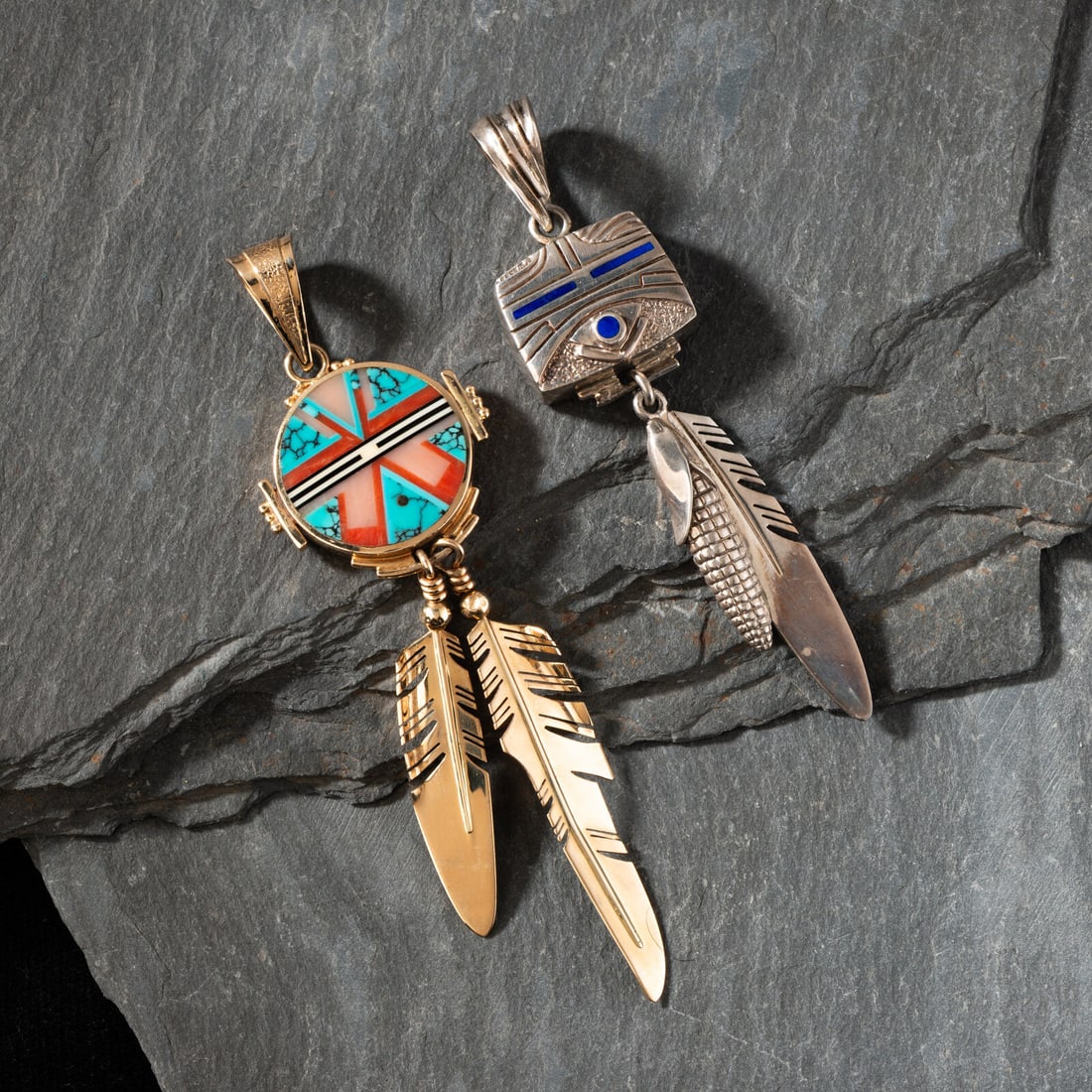 Ray Tracey (DinÈ, b. 1953) 14K Gold and Sterling Silver Reversible Figural Pendants: Ray Tracey (DinÈ, b. 1953) 14K Gold and Sterling Silver Reversible Figural Pendants lot of 2, both signed by artist, includes: a gold example set with opal, lapis, and turquoise on one side and t