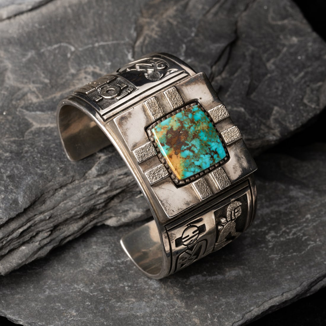 Roy Talahaftewa (Hopi, b. 1955) Sterling Silver and Turquoise Cuff Bracelet: Roy Talahaftewa (Hopi, b. 1955) Sterling Silver and Turquoise Cuff Bracelet marked on interior with artist's waterbug hallmark and STERLING width 1-3/8 inches interior circumference 5-3/8 inches + gap
