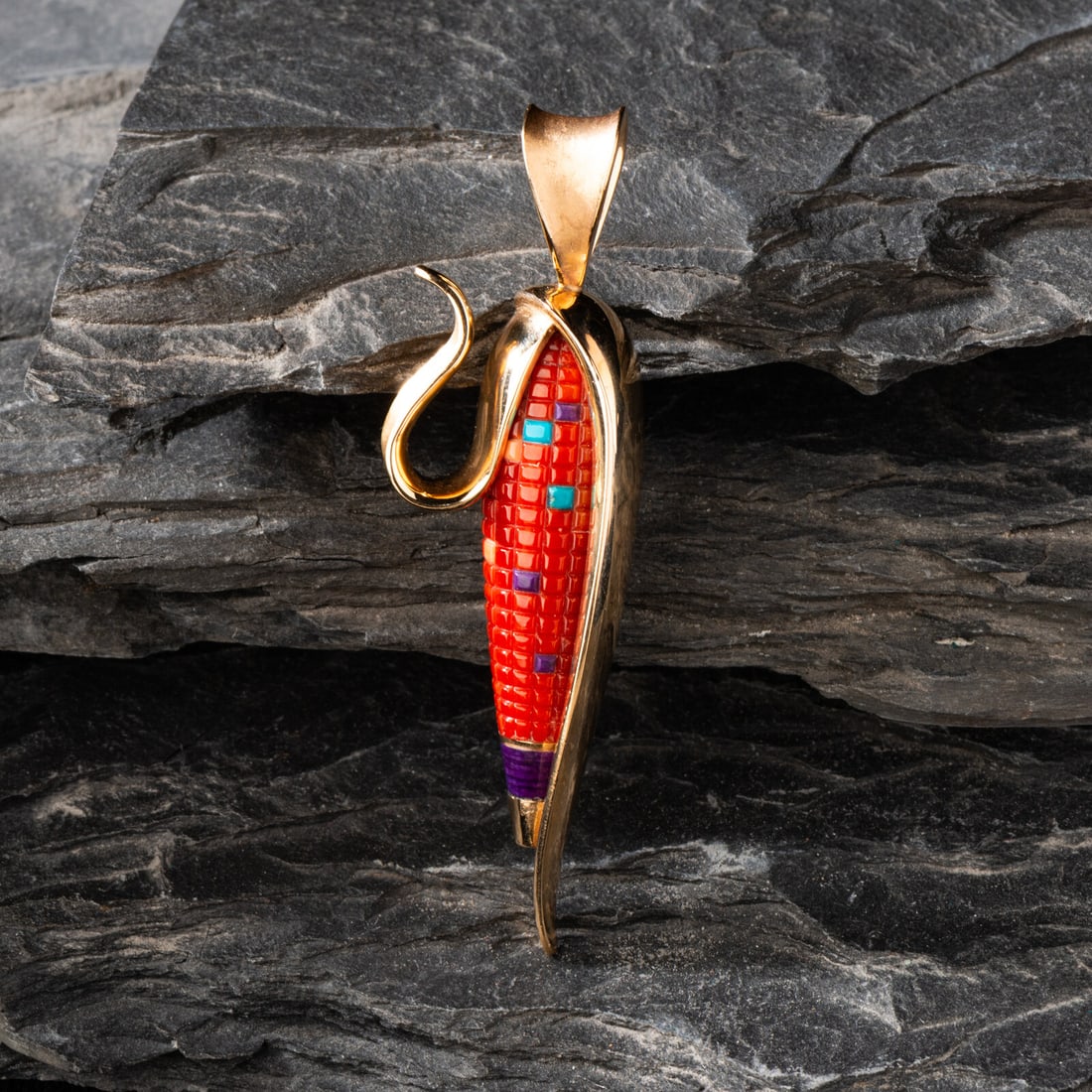 Charles Supplee (Hopi, 1956-2021) Yellow Gold Corn Pendant, with Coral and Multi-Stone Mosaic Inlay (1 of 3)