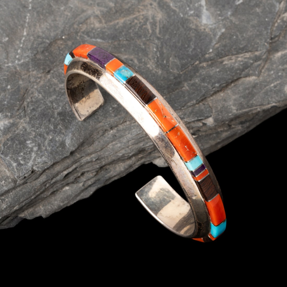Wes Willie (DinÈ, b. 1957) Sterling Silver and Cobblestone Inlay Cuff Bracelet (1 of 3)