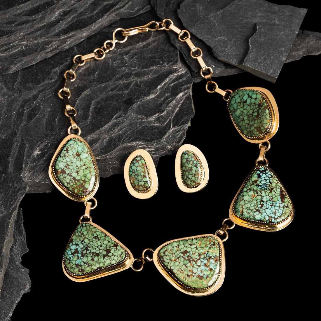 Tommy Jackson (DinÈ, b. 1958) 14K Gold and Gem Grade Turquoise Necklace and Matching Clip (1 of 5)