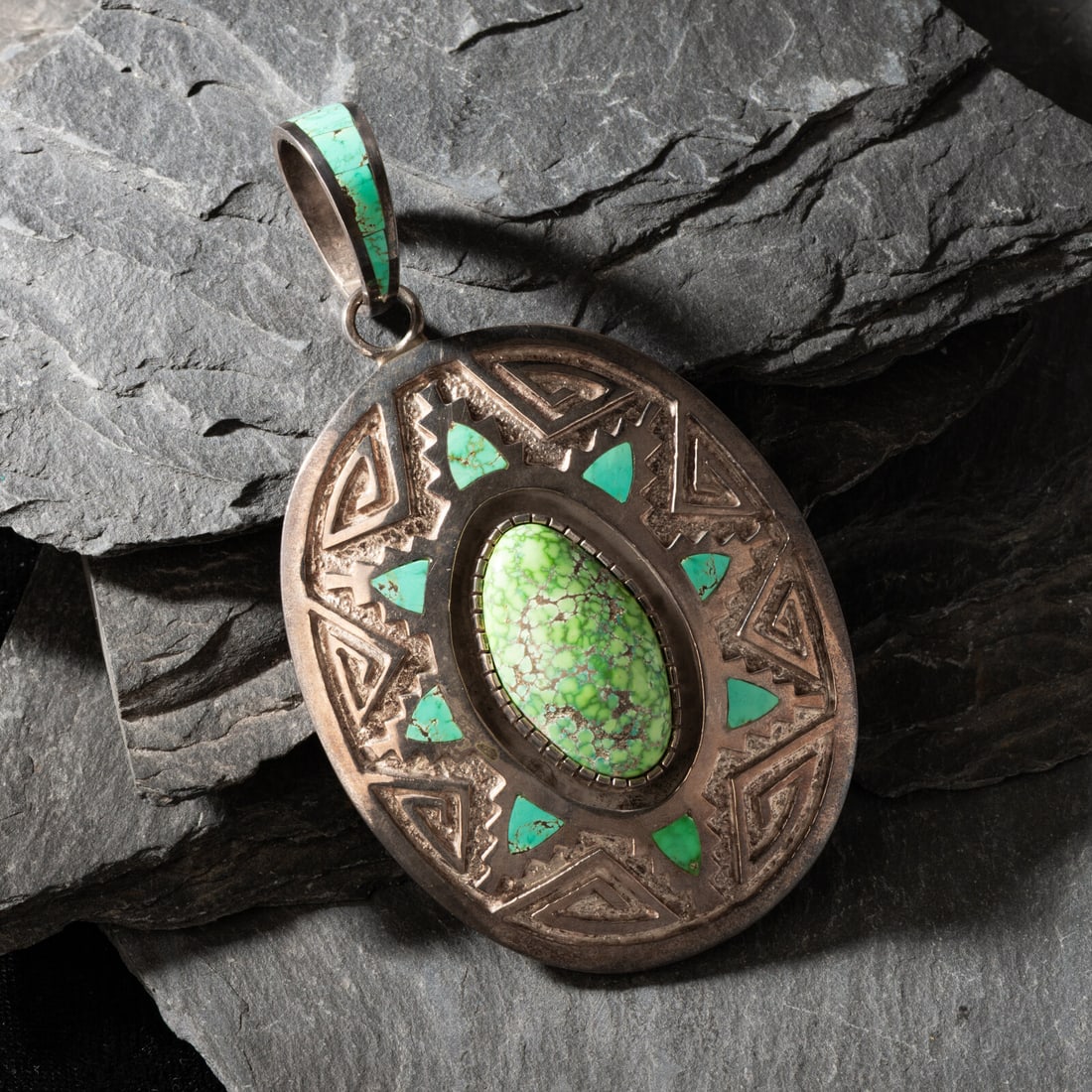 Tommy Jackson (DinÈ, b. 1958) Sterling Silver and Carrico Lake Turquoise Pendant (1 of 2)