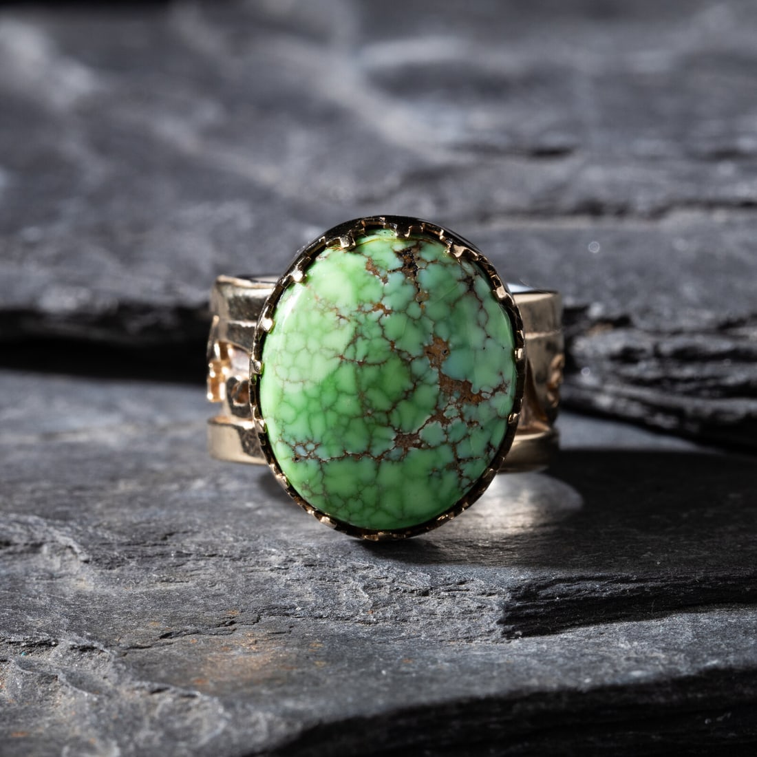 Dina Huntinghorse (Wichita-Kiowa, act. since 1980s) Sterling Silver with 14K Gold Overlay Ring, with: Dina Huntinghorse (Wichita-Kiowa, act. since 1980s) Sterling Silver with 14K Gold Overlay Ring, with Carico Lake Turquoise marked STERLING 14K and hallmark DH size 7 weight 7.8 dwt. Property from the 