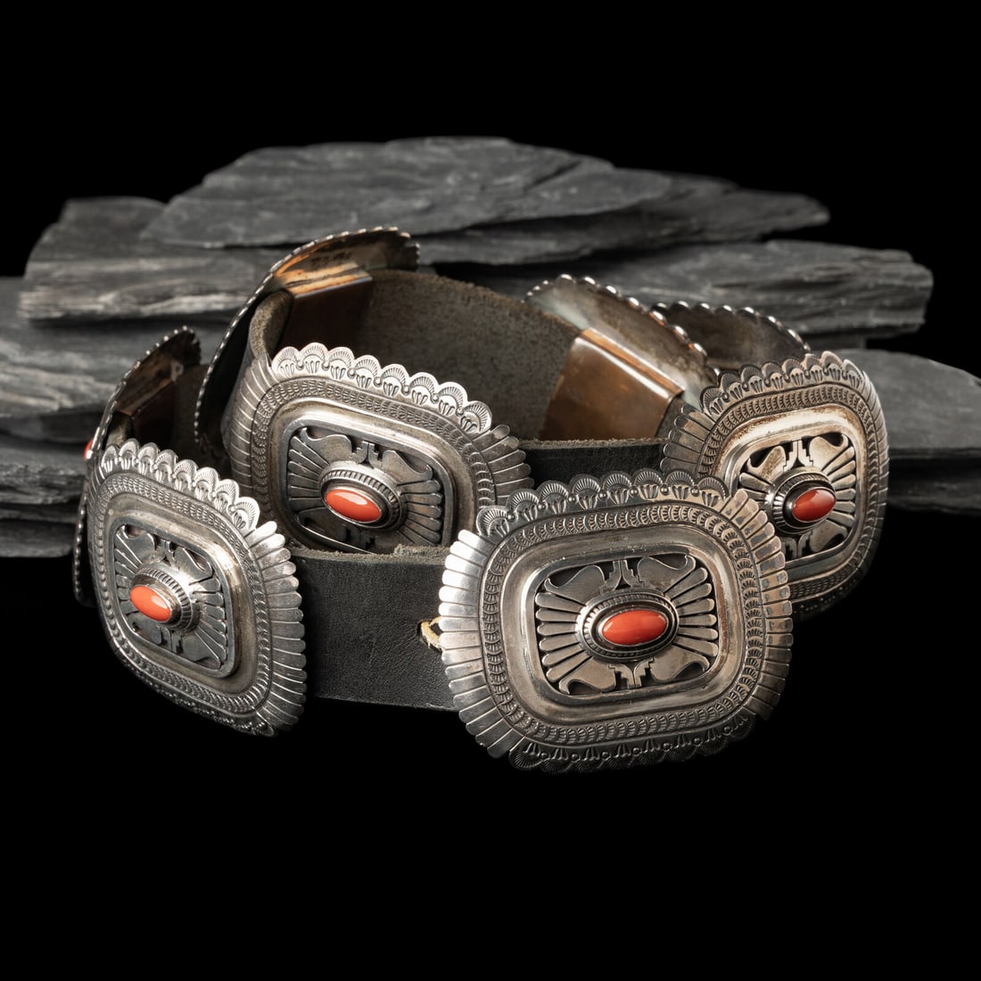 Leonard Nez (DinÈ, act. since 1980s) Sterling Silver and Coral Concha Belt (1 of 3)