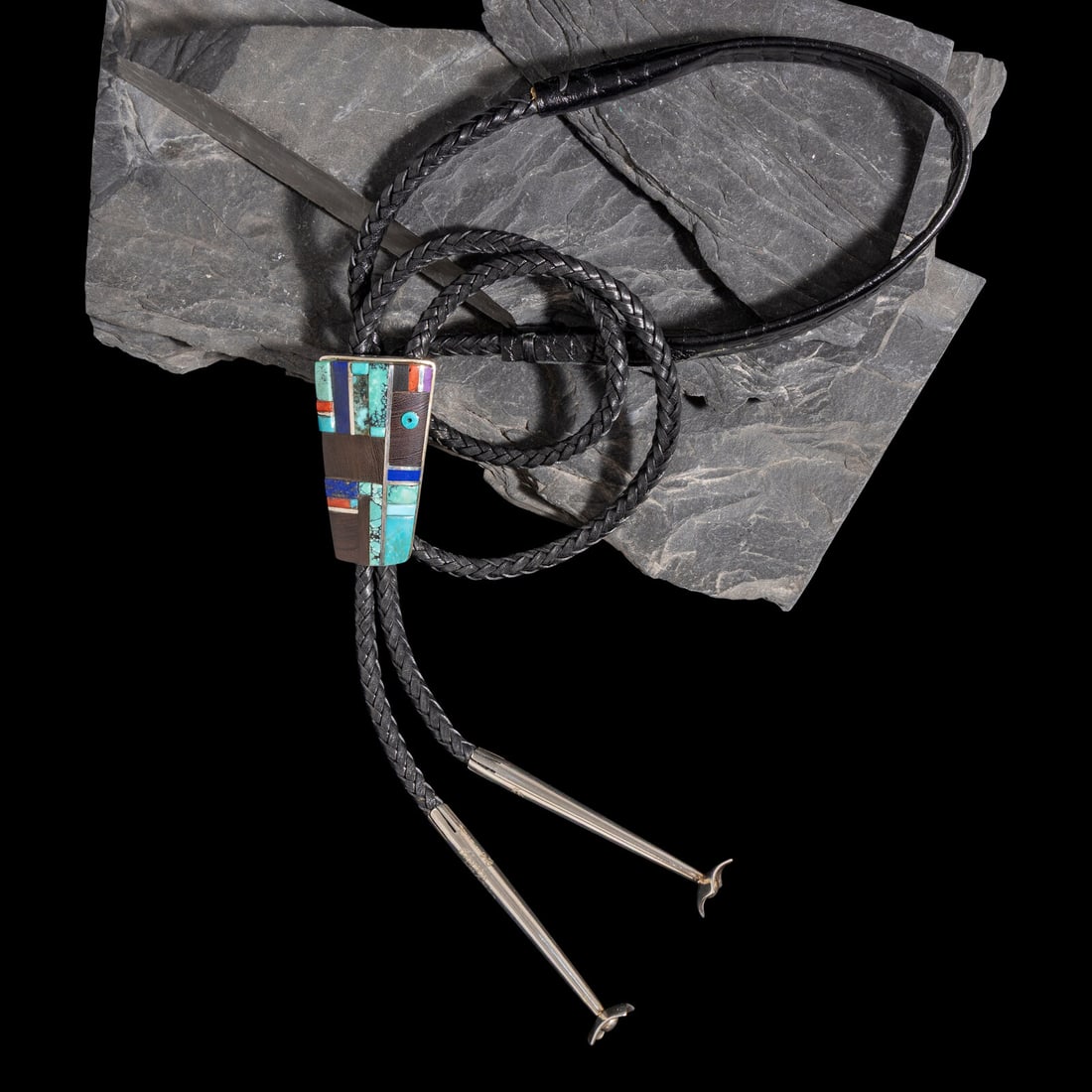 Sherian Honhongva (Hopi, b. 1960) Sterling Silver and Multi-stone Inlay Bolo Tie: Sherian Honhongva (Hopi, b. 1960) Sterling Silver and Multi-stone Inlay Bolo Tie set with ironwood, natural Bisbee Turquoise, natural Chinese turquoise, natural Royston Turquoise, coral, and lapis; si