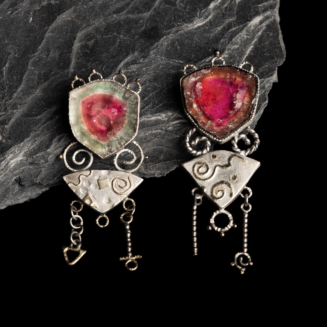 Shawn Blue Jacket (Shawnee, b. 1962) Sterling Silver and Tourmaline Pins with Gold Accents: Shawn Blue Jacket (Shawnee, b. 1962) Sterling Silver and Tourmaline Pins with Gold Accents lot of 2, organically-shaped tourmaline set in a silver bezel with swirling gold accents; signed Blue Jacket&
